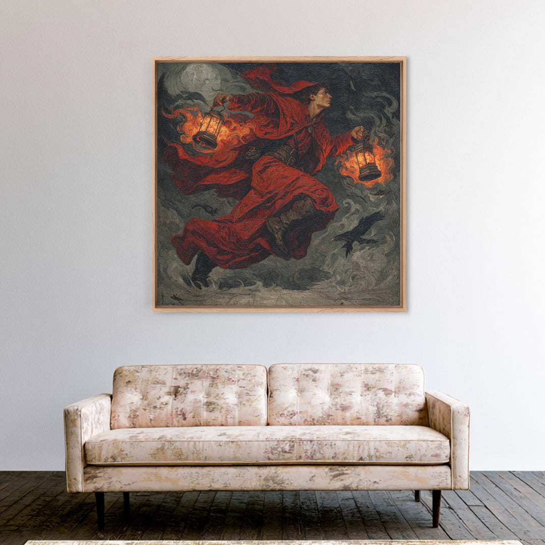 The Lantern Mage, Dark Symbolist Art, Square Wall Art, Dark Halloween Decor, Framed Canvas Print, Halloween Wall Art