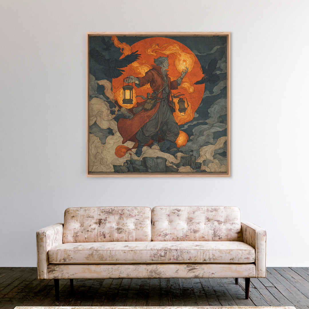 The Lantern Mage, Symbolist Etching Art, Square Wall Art, Gothic Horror Wall Art, Canvas Print, Halloween Wall Art, Gothic Home Decor