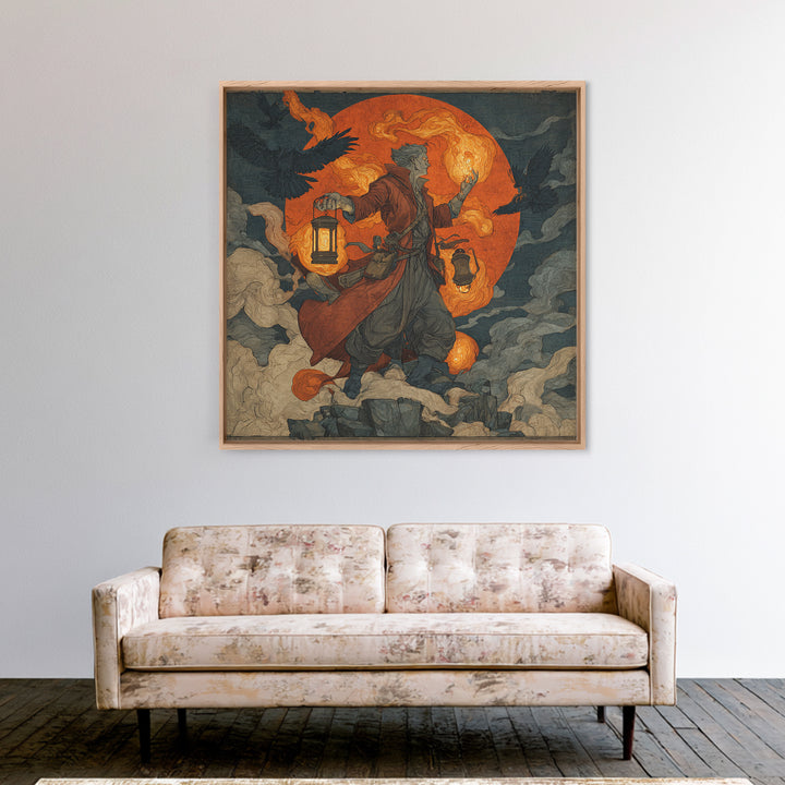 The Lantern Mage, Symbolist Etching Art, Square Wall Art, Gothic Horror Wall Art, Canvas Print, Halloween Wall Art, Gothic Home Decor