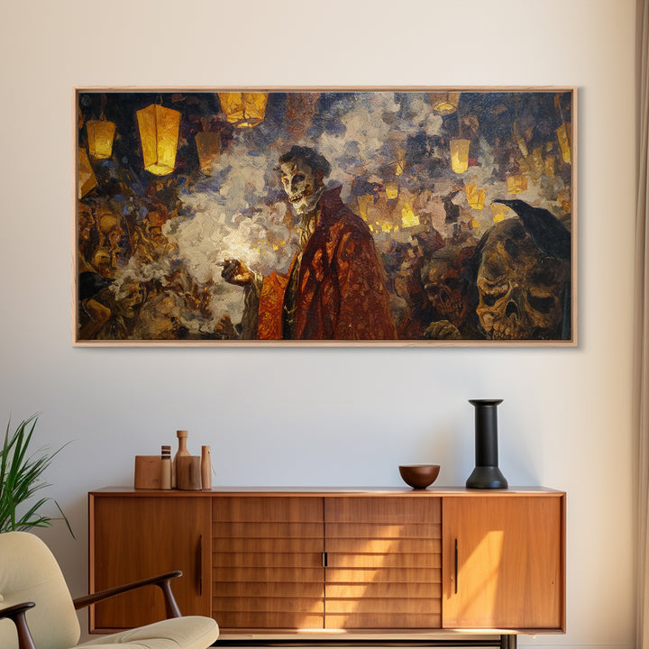 The Lantern Mage, Grotesque Carnival Art, Wide Panoramic Art, Dark Halloween Decor, Framed Canvas Print, Halloween Wall Art