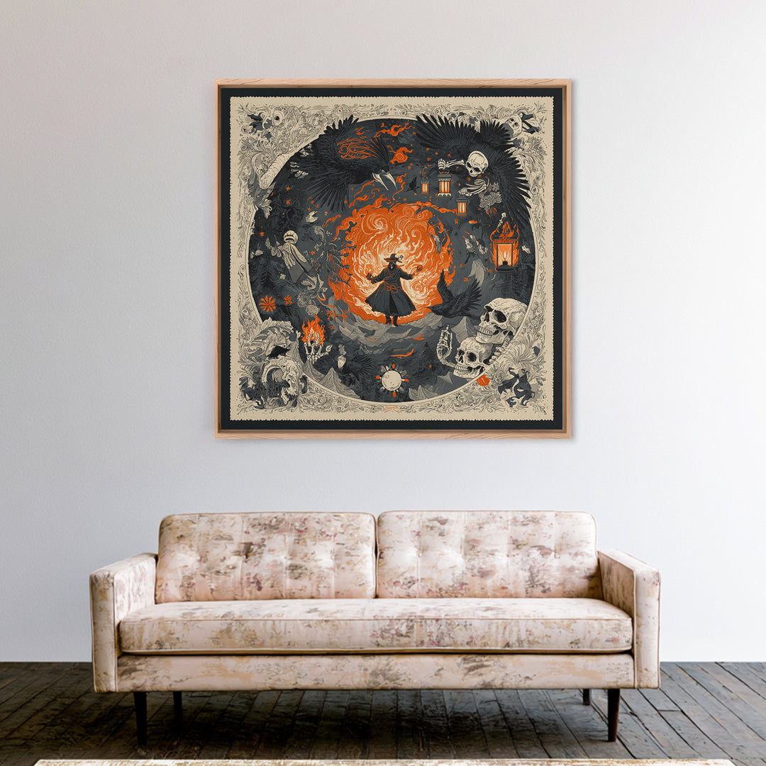 The Lantern Mage, Macabre Folk Print Art, Square Wall Art, Dark Fantasy Wall Art, Framed Canvas Print, Halloween Wall Art