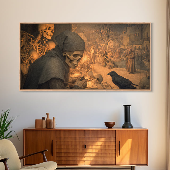 The Bone Sculptor, Northern Renaissance Horror, Wide Panoramic Art, Macabre Wall Art, Canvas Print, Halloween Wall Art