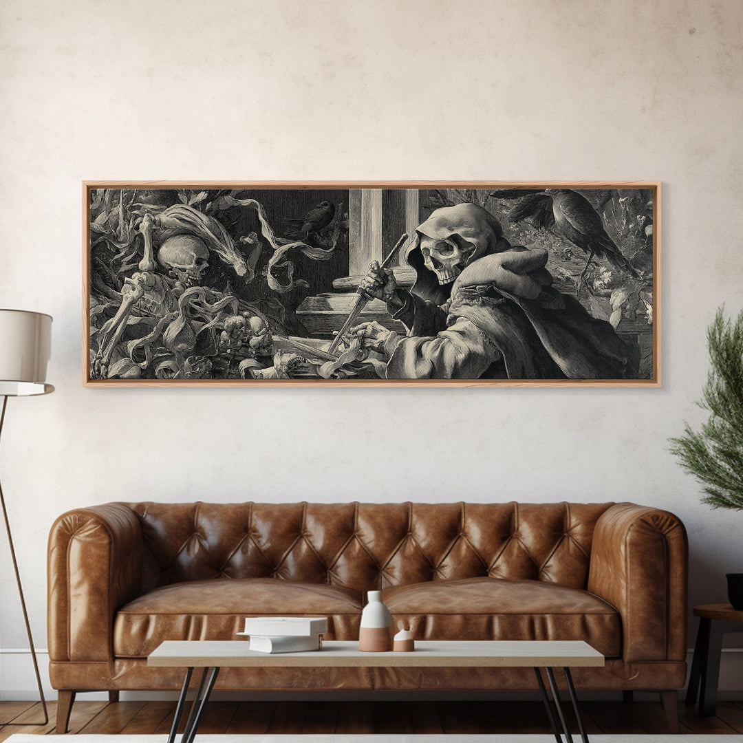 The Bone Sculptor, Danse Macabre Art, Extra Wide Wall Art, Gothic Horror Wall Art, Framed Canvas Print