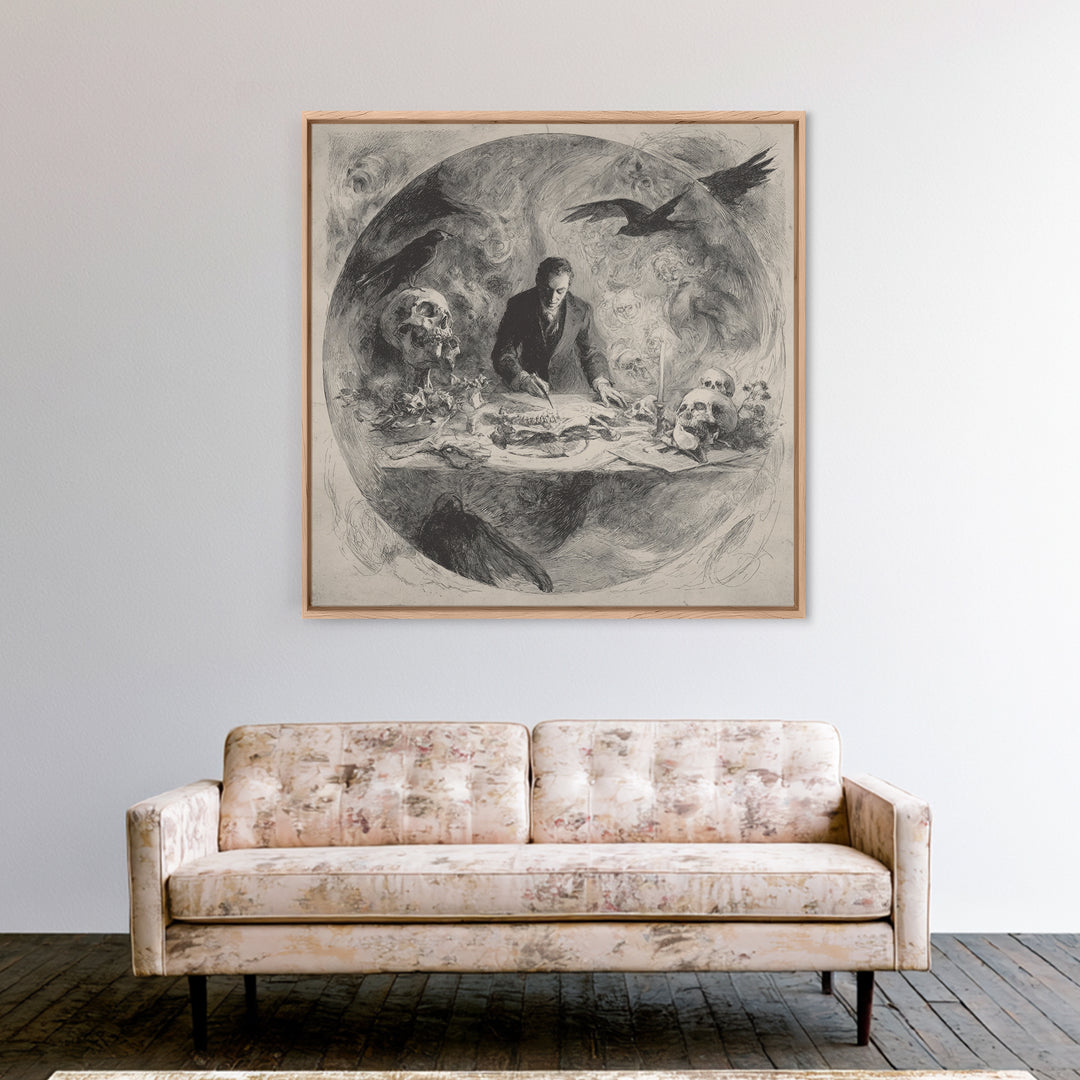 The Bone Sculptor, Symbolist Dream Art, Square Wall Art, Macabre Wall Art, Framed Canvas Print, Halloween Wall Art, Spooky Wall Decor