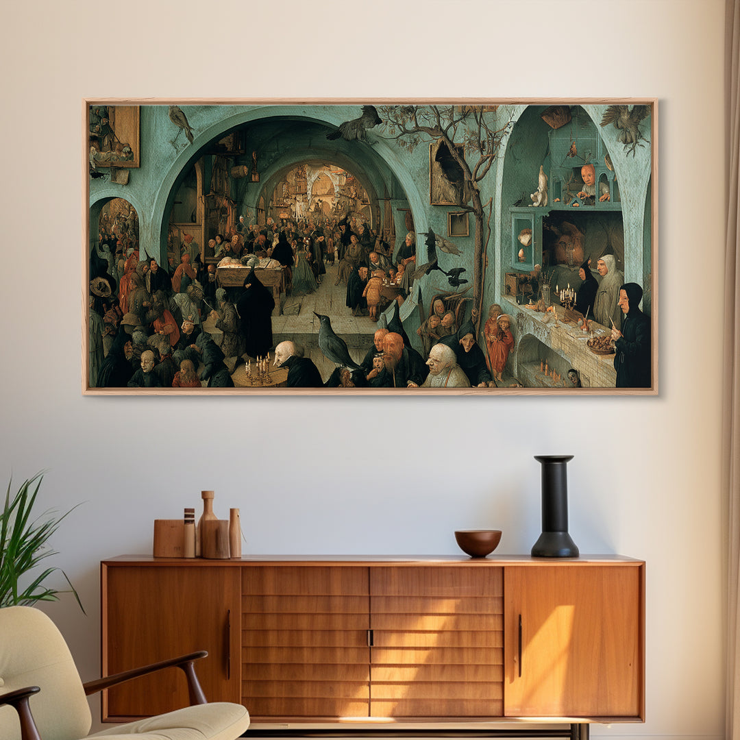 The Dream Eater, Northern Renaissance Horror, Wide Panoramic Art, Dark Halloween Decor, Framed Canvas Print, Halloween Wall Art