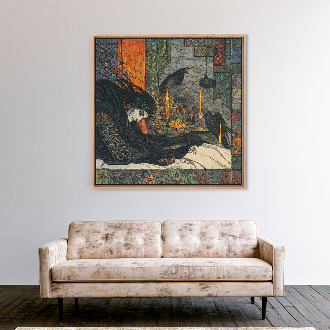 The Dream Eater, Stained Glass Gothic Art, Square Wall Art, Macabre Wall Art, Framed Canvas Print, Halloween Wall Art, Gothic Home Decor