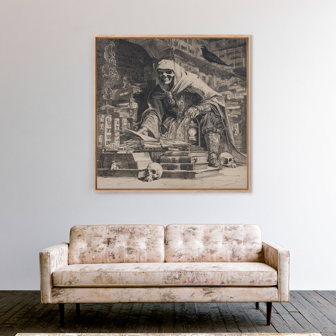 The Crypt Librarian, Renaissance Engraving Art, Square Wall Art, Dark Halloween Decor, Framed Canvas Print, Halloween Wall Art