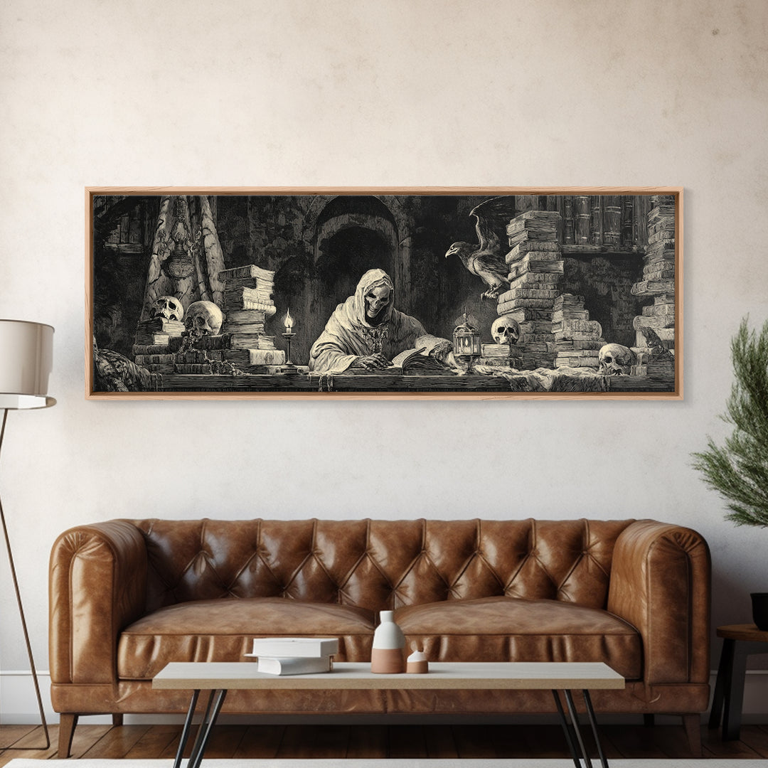The Crypt Librarian, Dark Romantic Horror Art, Extra Wide Wall Art, Macabre Wall Art, Framed Canvas Print, Halloween Wall Art