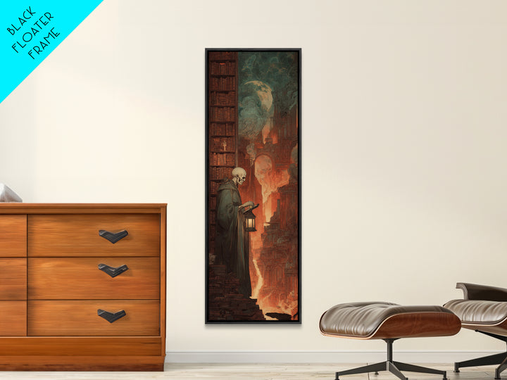 The Crypt Librarian, Apocalyptic Romantic Art, Tall Narrow Wall Art, Dark Fantasy Wall Art, Framed Canvas Print, Halloween Wall Art