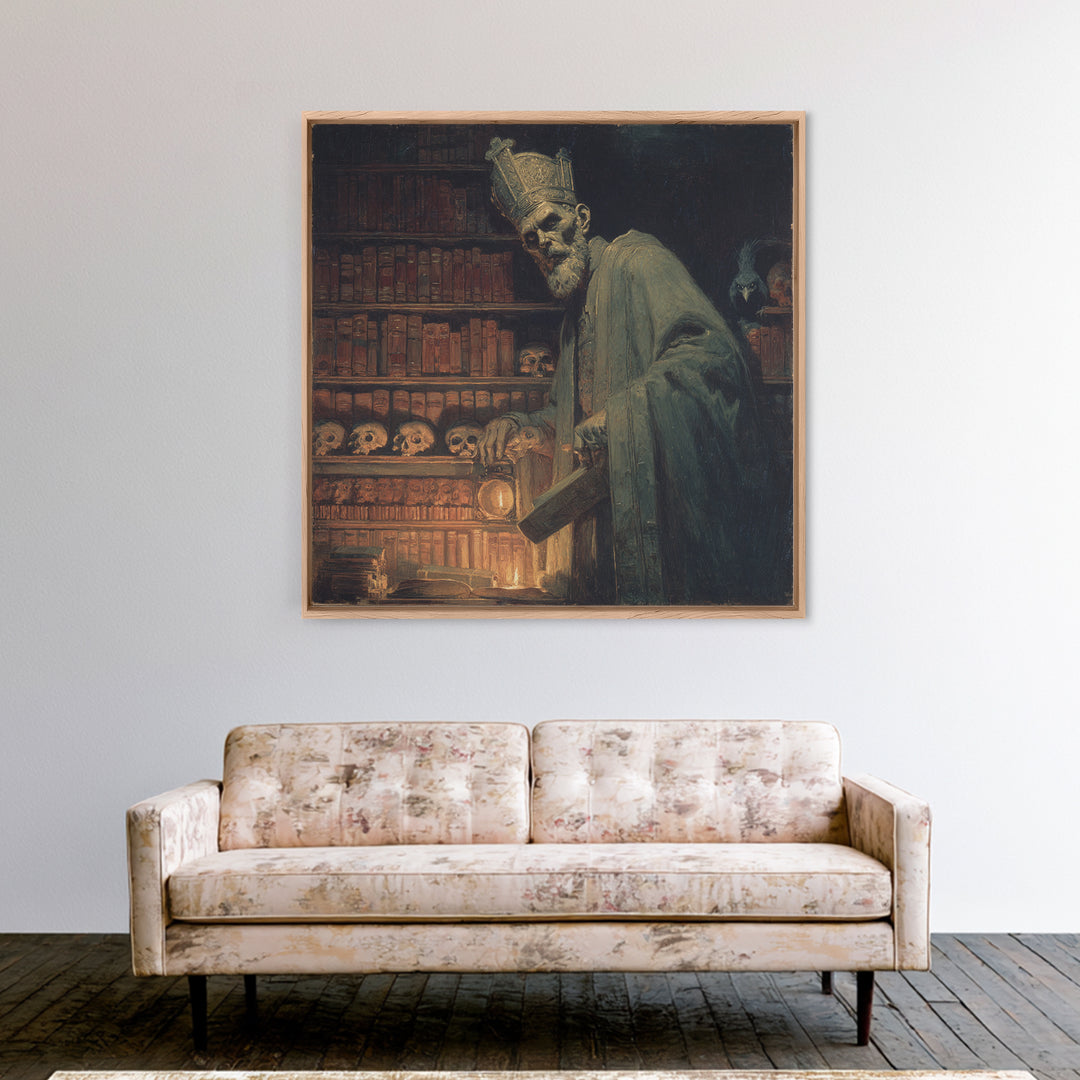The Crypt Librarian, Dark Symbolist Art, Square Wall Art, Gothic Horror Wall Art, Framed Canvas Print, Halloween Wall Art