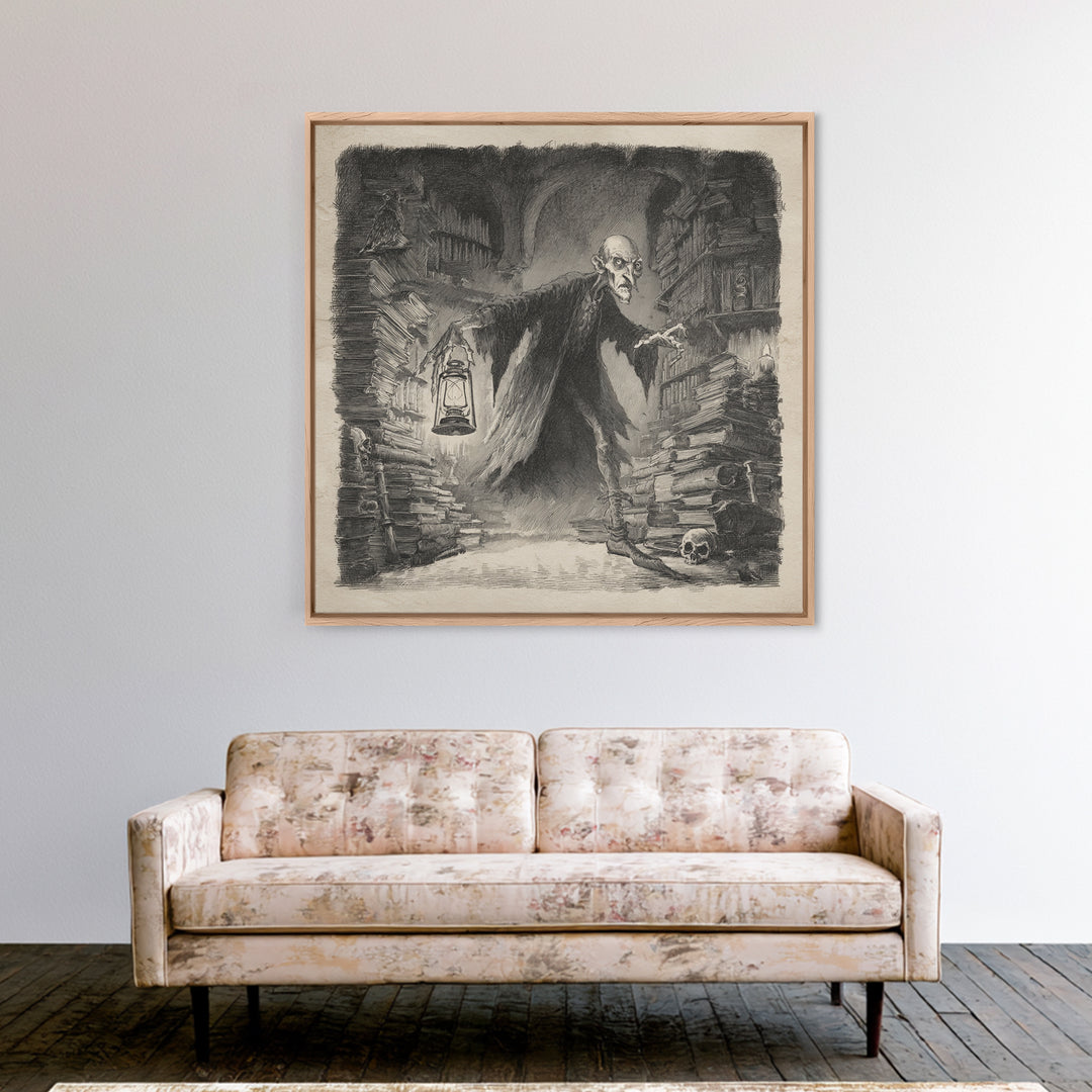 The Crypt Librarian, Expressionist Nightmare Art, Square Wall Art, Macabre Wall Art, Canvas Print, Halloween Wall Art, Dark Fantasy Art