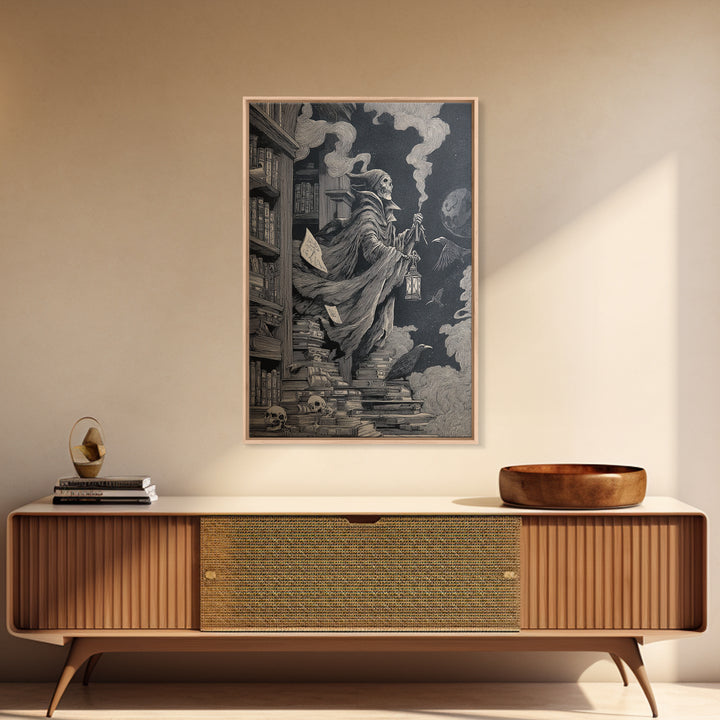 The Crypt Librarian, Victorian Macabre Art, Vertical Wall Art, Dark Halloween Decor, Framed Canvas Print, Halloween Wall Art