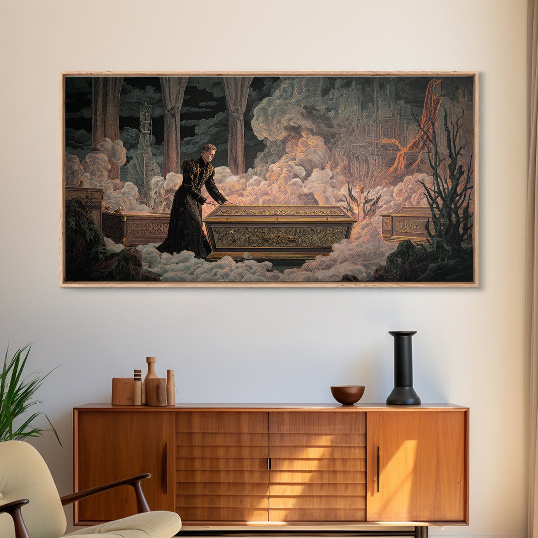 The Royal Coffin Maker, Apocalyptic Romantic Art, Wide Panoramic Art, Macabre Wall Art, Framed Canvas Print, Halloween Wall Art