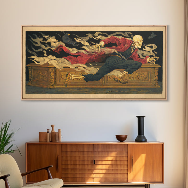 The Royal Coffin Maker, Macabre Folk Print Art, Wide Panoramic Art, Dark Halloween Decor, Framed Canvas Print, Macabre Wall Art