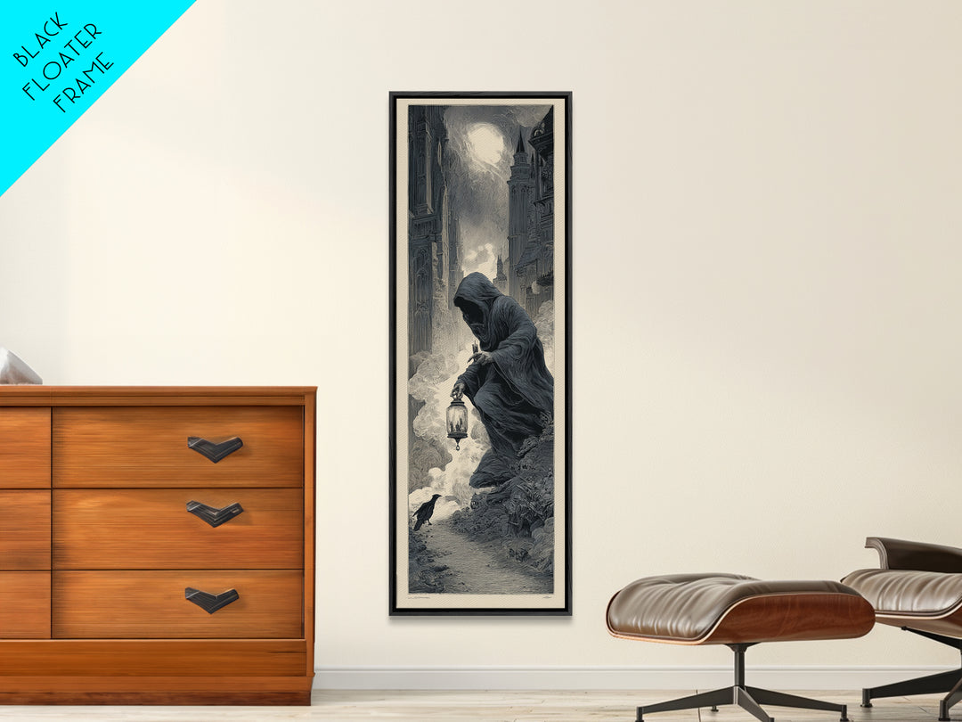 The Soul Collector, Gothic Engraving Art, Tall Narrow Wall Art, Dark Halloween Decor, Canvas Print, Halloween Wall Art