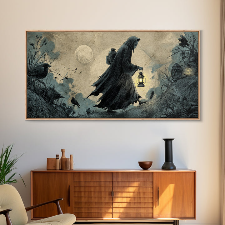 The Soul Collector, Expressionist Nightmare Art, Wide Panoramic Art, Dark Fantasy Wall Art, Framed Canvas Print, Halloween Wall Art