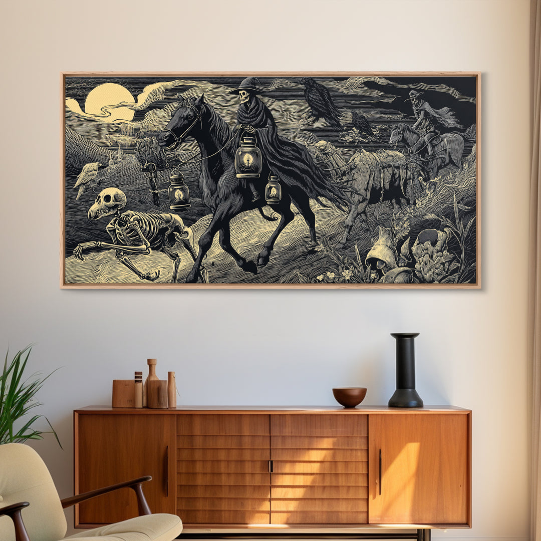 The Soul Collector, Macabre Folk Print Art, Wide Panoramic Art, Macabre Wall Art, Canvas Print, Halloween Wall Art