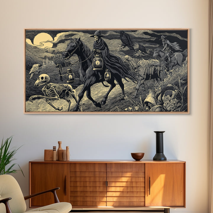 The Soul Collector, Macabre Folk Print Art, Wide Panoramic Art, Macabre Wall Art, Canvas Print, Halloween Wall Art
