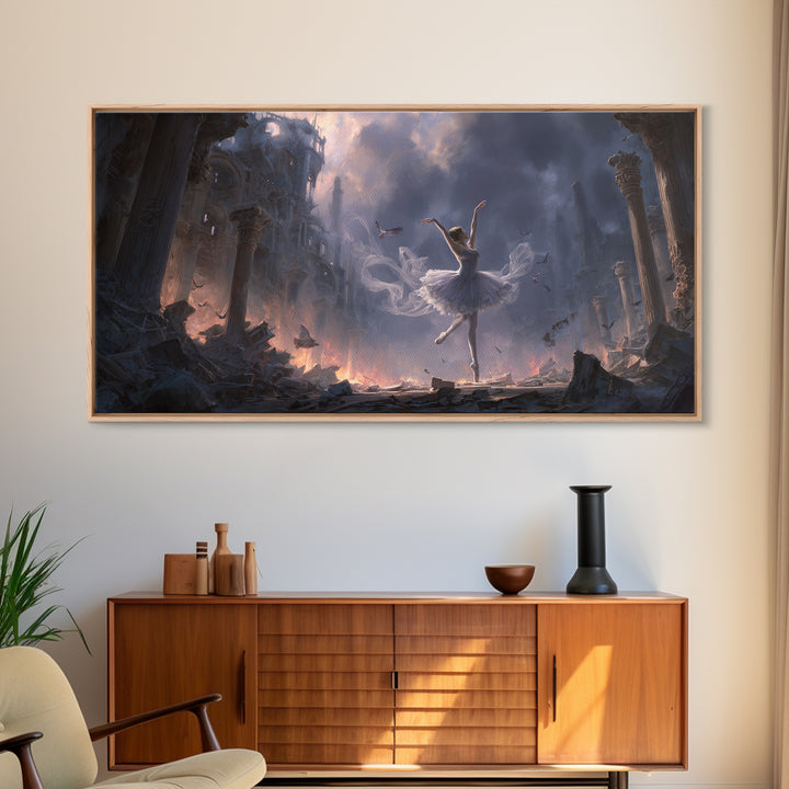 The Phantom Ballerina, Apocalyptic Romantic Art, Wide Panoramic Art, Macabre Wall Art, Framed Canvas Print, Halloween Wall Art