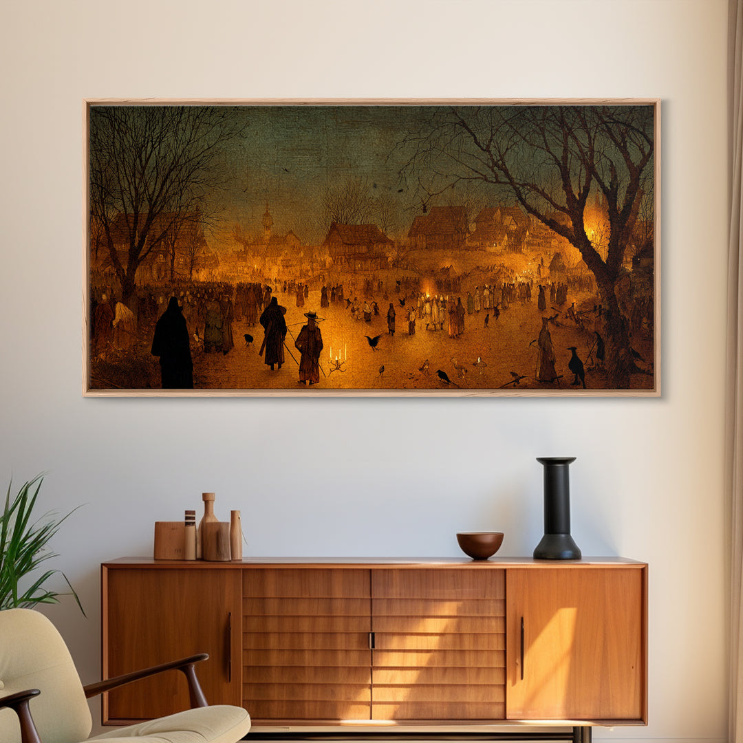 The Ghost Of The Witch Hunter, Northern Renaissance Horror, Wide Panoramic Art, Dark Fantasy Wall Art, Framed Canvas Print