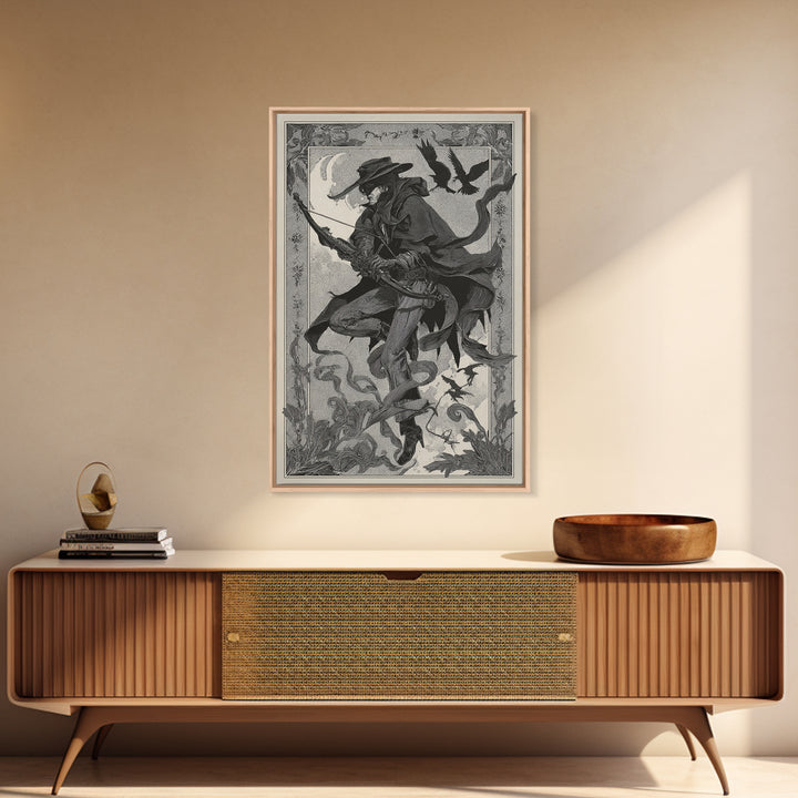 The Ghost Of The Witch Hunter, Decadent Line Art, Vertical Wall Art, Dark Halloween Decor, Framed Canvas Print, Horror Wall Art