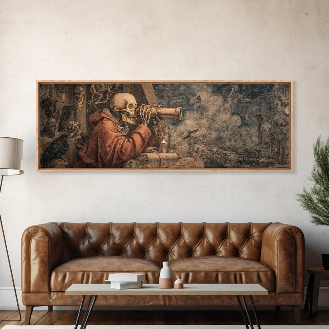 The Skull Astronomer, Medieval Grotesque Art, Extra Wide Wall Art, Dark Fantasy Wall Art, Framed Canvas Print, Halloween Wall Art