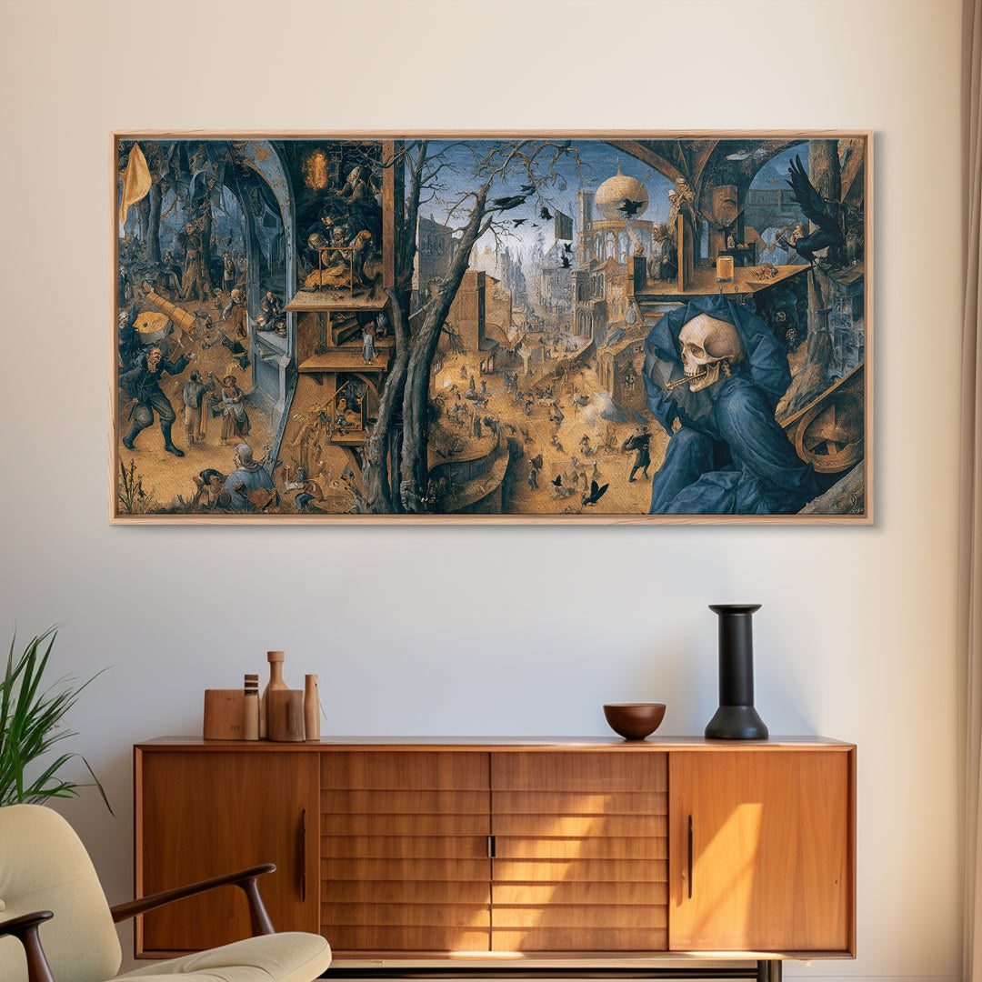 The Skull Astronomer, Northern Renaissance Horror, Wide Panoramic Art, Dark Fantasy Wall Art, Framed Canvas Print