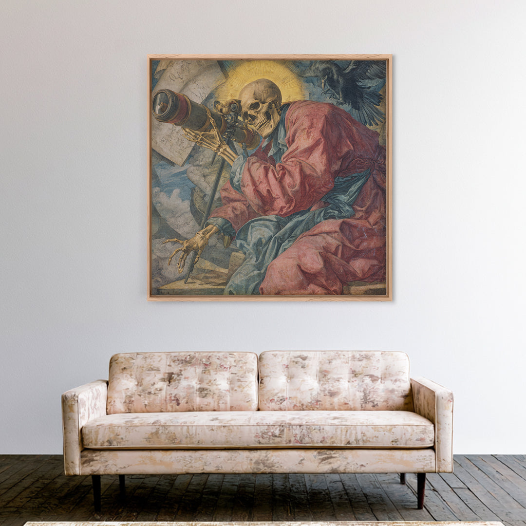 The Skull Astronomer, Dark Renaissance Art, Square Wall Art, Gothic Horror Wall Art, Canvas Print, Halloween Wall Art
