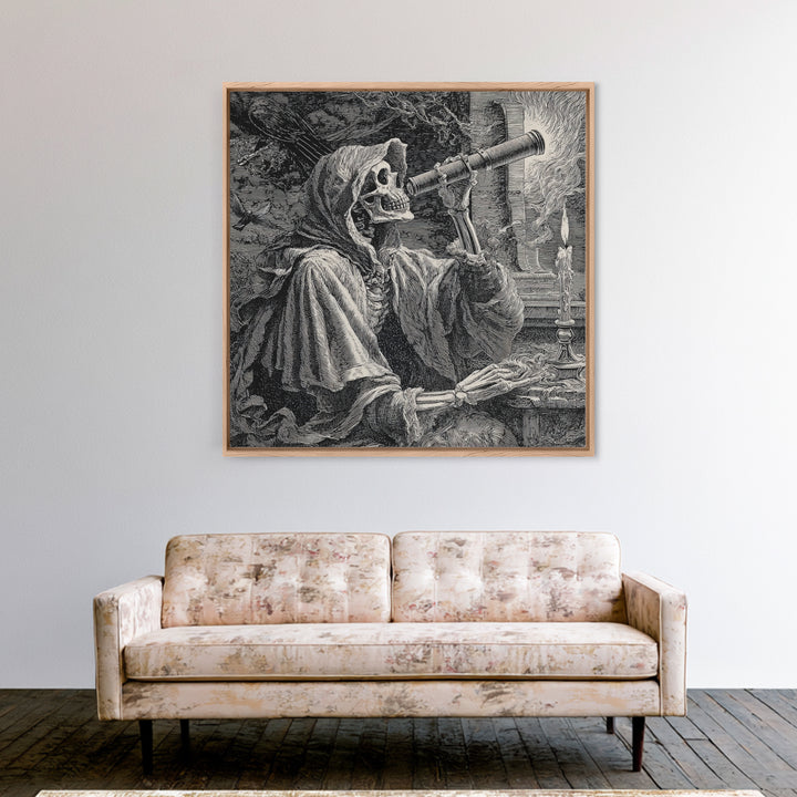 The Skull Astronomer, Renaissance Engraving Art, Square Wall Art, Dark Fantasy Wall Art, Framed Canvas Print, Halloween Wall Art