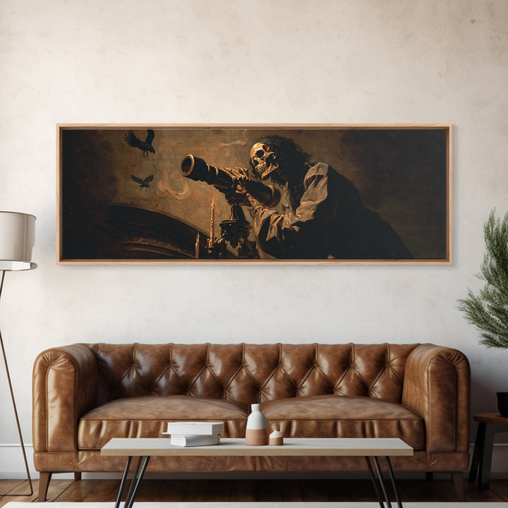 The Skull Astronomer, Dark Romantic Horror Art, Extra Wide Wall Art, Macabre Wall Art, Canvas Print, Halloween Wall Art