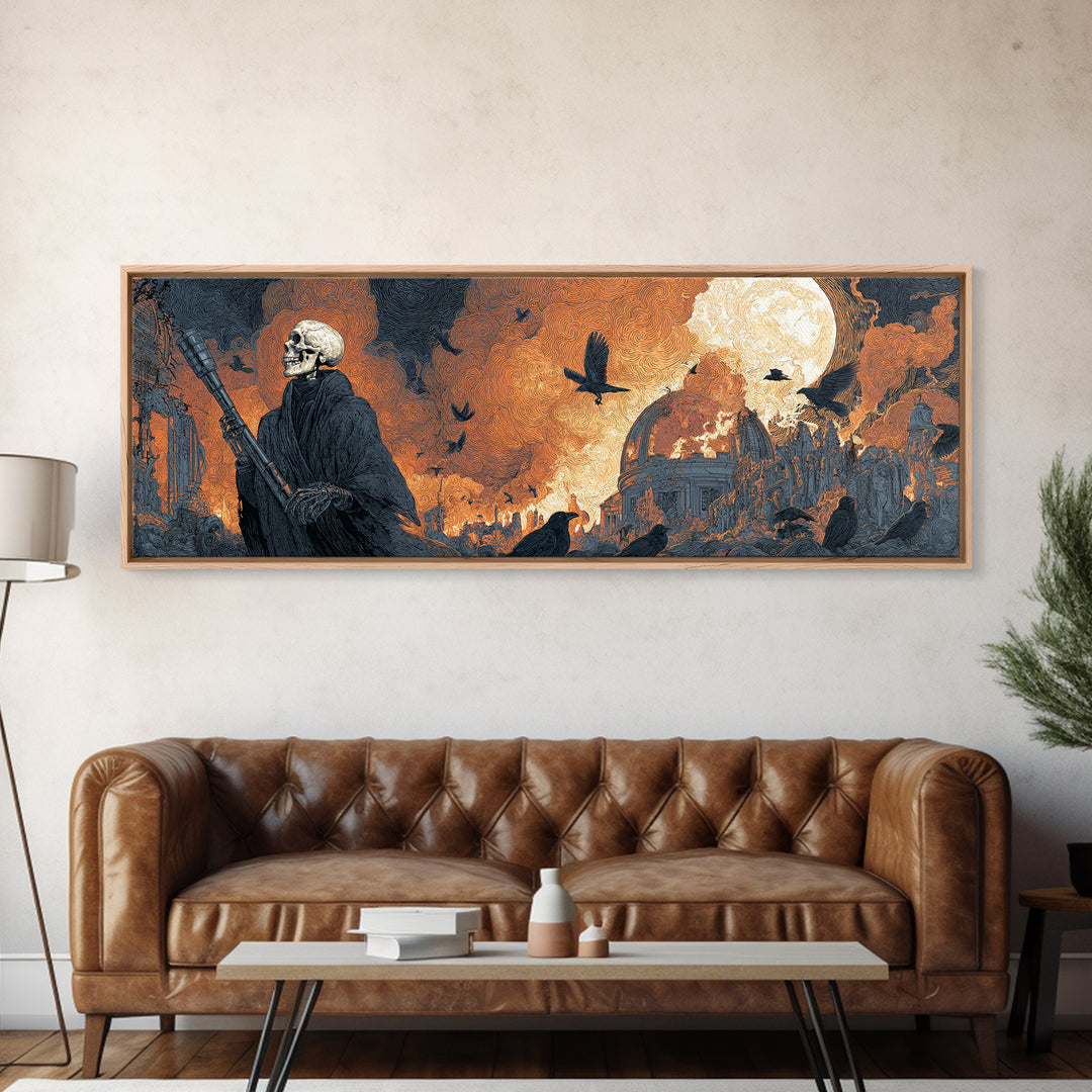 The Skull Astronomer, Apocalyptic Romantic Art, Extra Wide Wall Art, Gothic Horror Wall Art, Framed Canvas Print, Halloween Wall Art