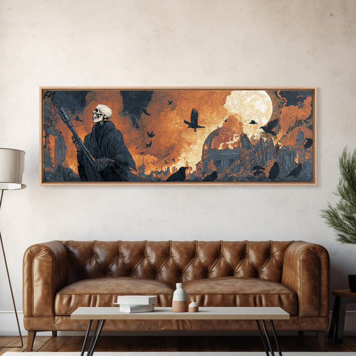 The Skull Astronomer, Apocalyptic Romantic Art, Extra Wide Wall Art, Gothic Horror Wall Art, Framed Canvas Print, Halloween Wall Art