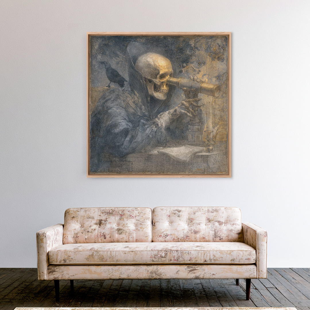 The Skull Astronomer, Symbolist Dream Art, Square Wall Art, Dark Fantasy Wall Art, Framed Canvas Print, Halloween Wall Art