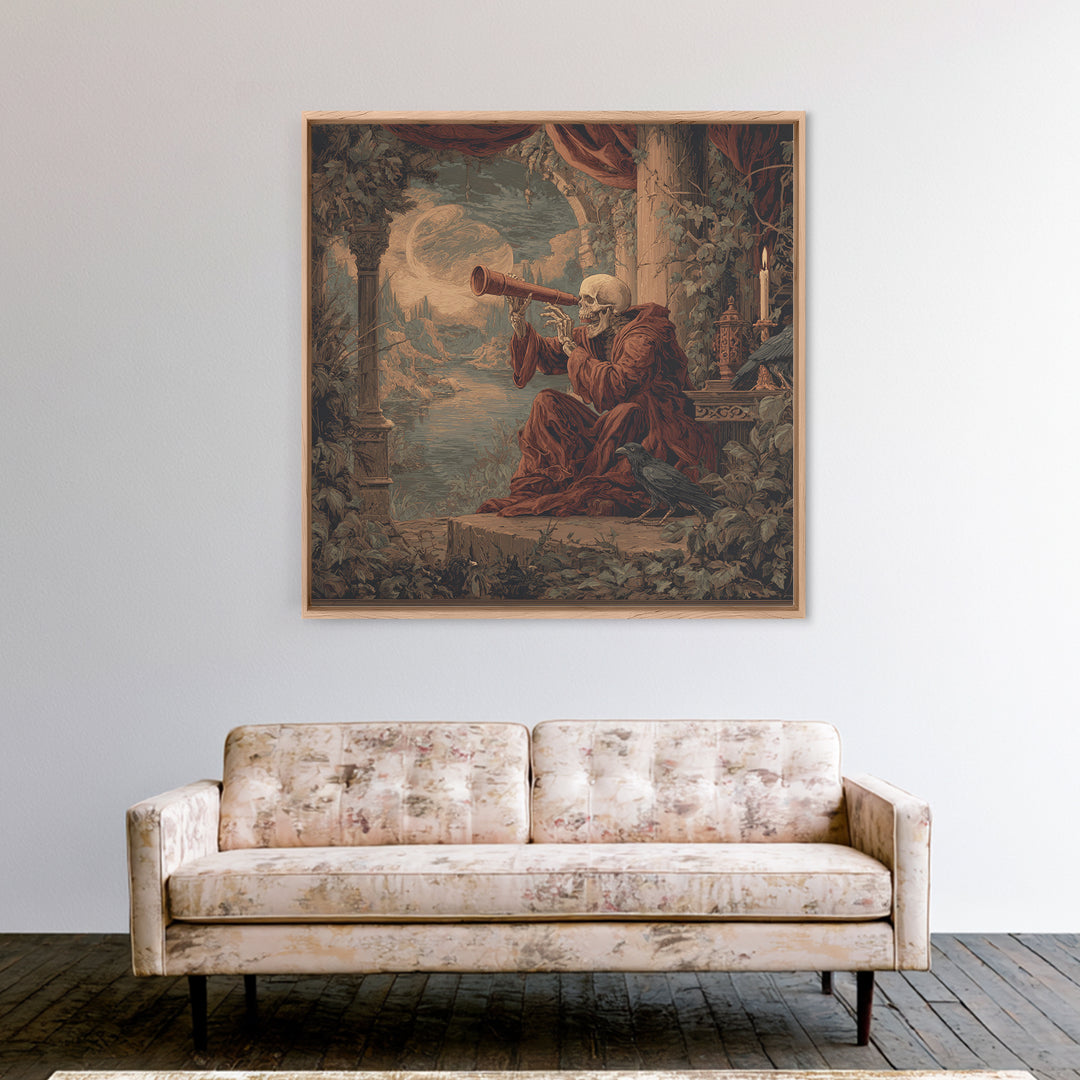 The Skull Astronomer, Symbolist Gothic Landscape, Square Wall Art, Dark Halloween Decor, Canvas Print, Halloween Wall Art