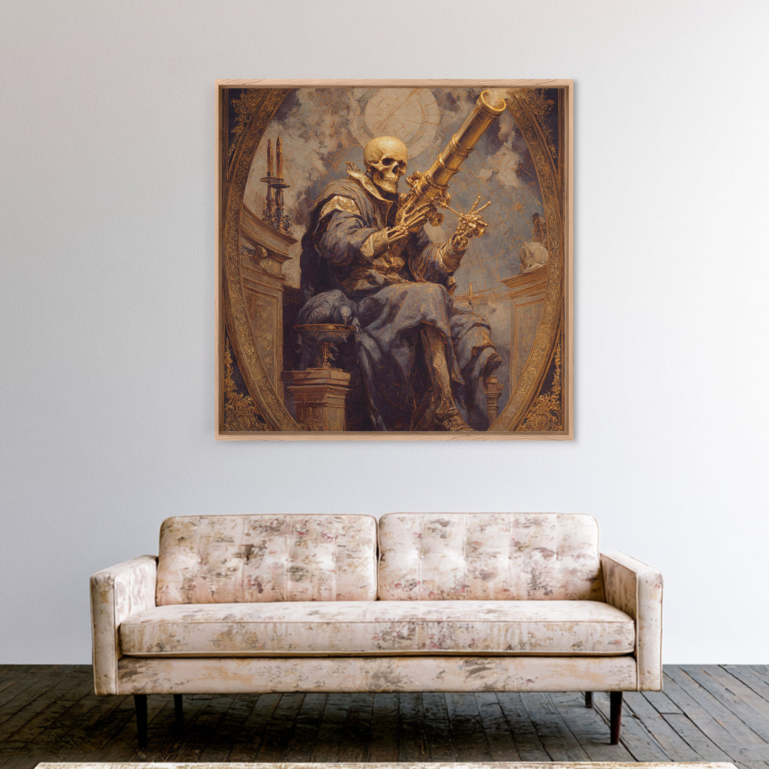 The Skull Astronomer, Ornate Symbolist Art, Square Wall Art, Macabre Wall Art, Framed Canvas Print, Halloween Wall Art