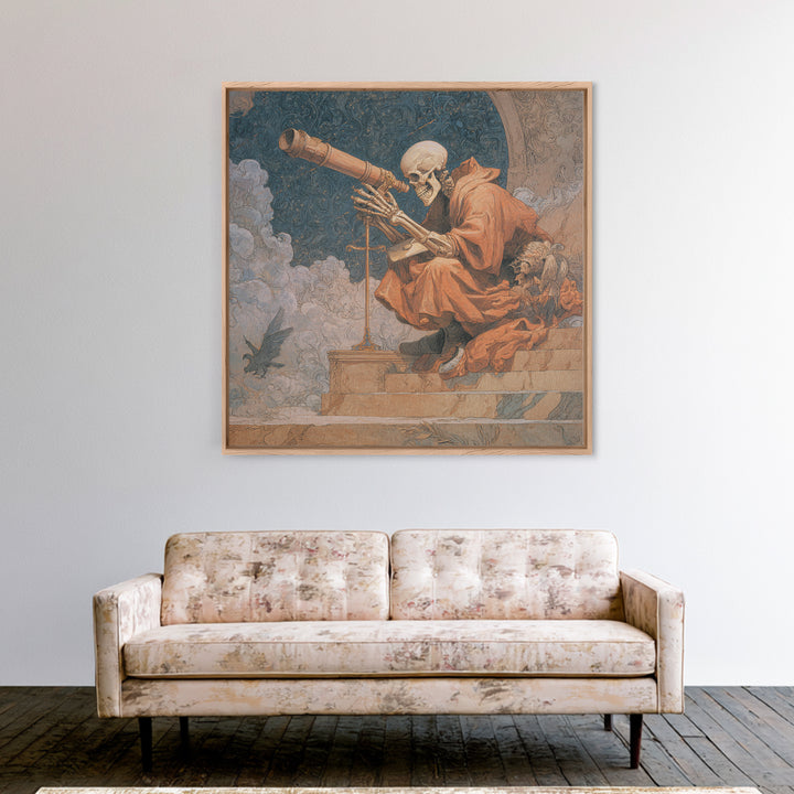 The Skull Astronomer, Symbolist Death Art, Square Wall Art, Dark Halloween Decor, Canvas Print, Halloween Wall Art