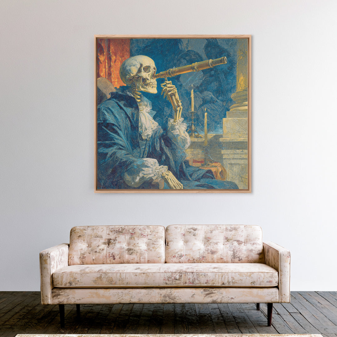 The Skull Astronomer, Symbolist Etching Art, Square Wall Art, Dark Fantasy Wall Art, Framed Canvas Print, Halloween Wall Art