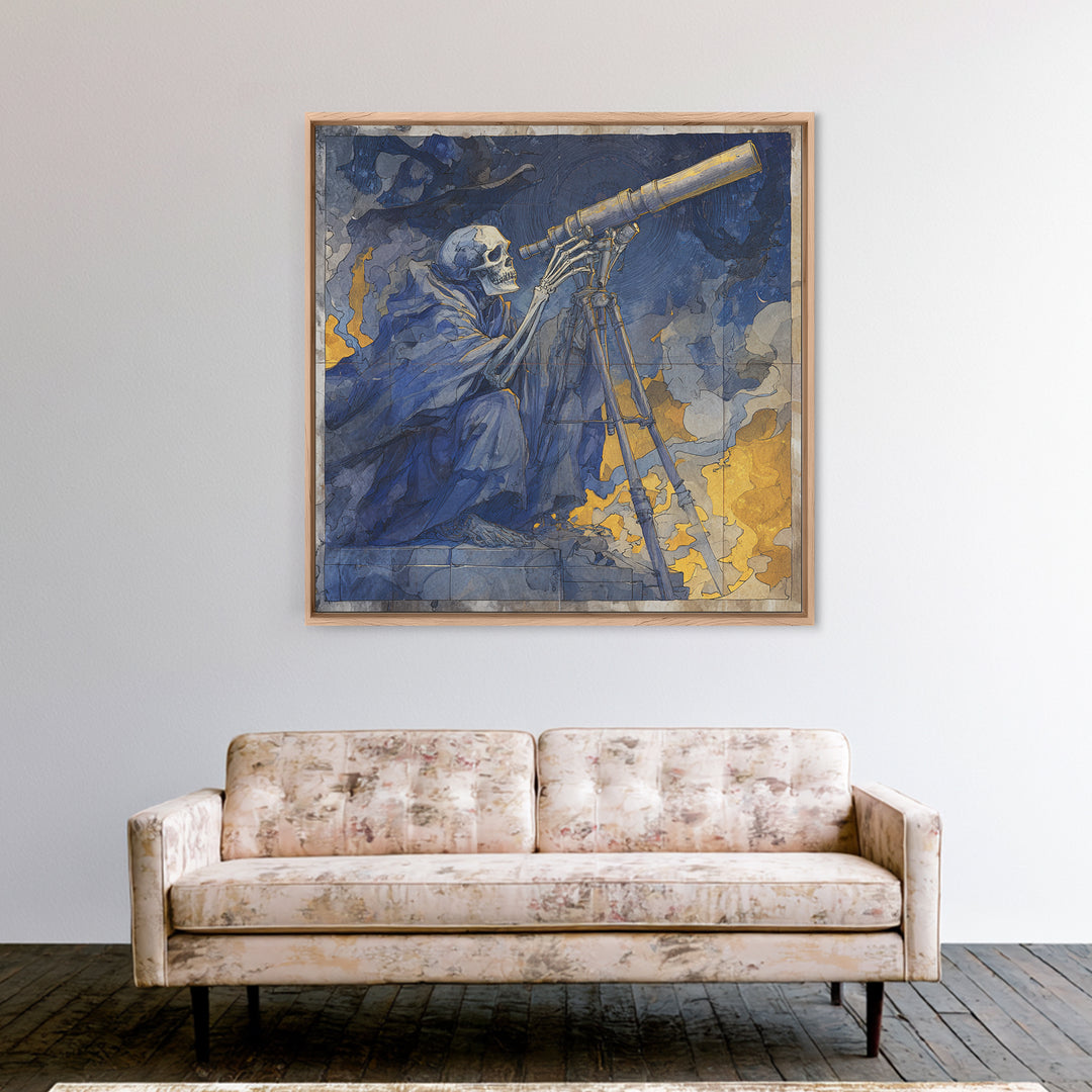 The Skull Astronomer, Expressionist Gothic Art, Square Wall Art, Gothic Horror Wall Art, Framed Canvas Print, Halloween Wall Art