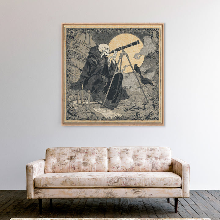 The Skull Astronomer, Decadent Line Art, Square Wall Art, Dark Fantasy Wall Art, Framed Canvas Print, Halloween Wall Art