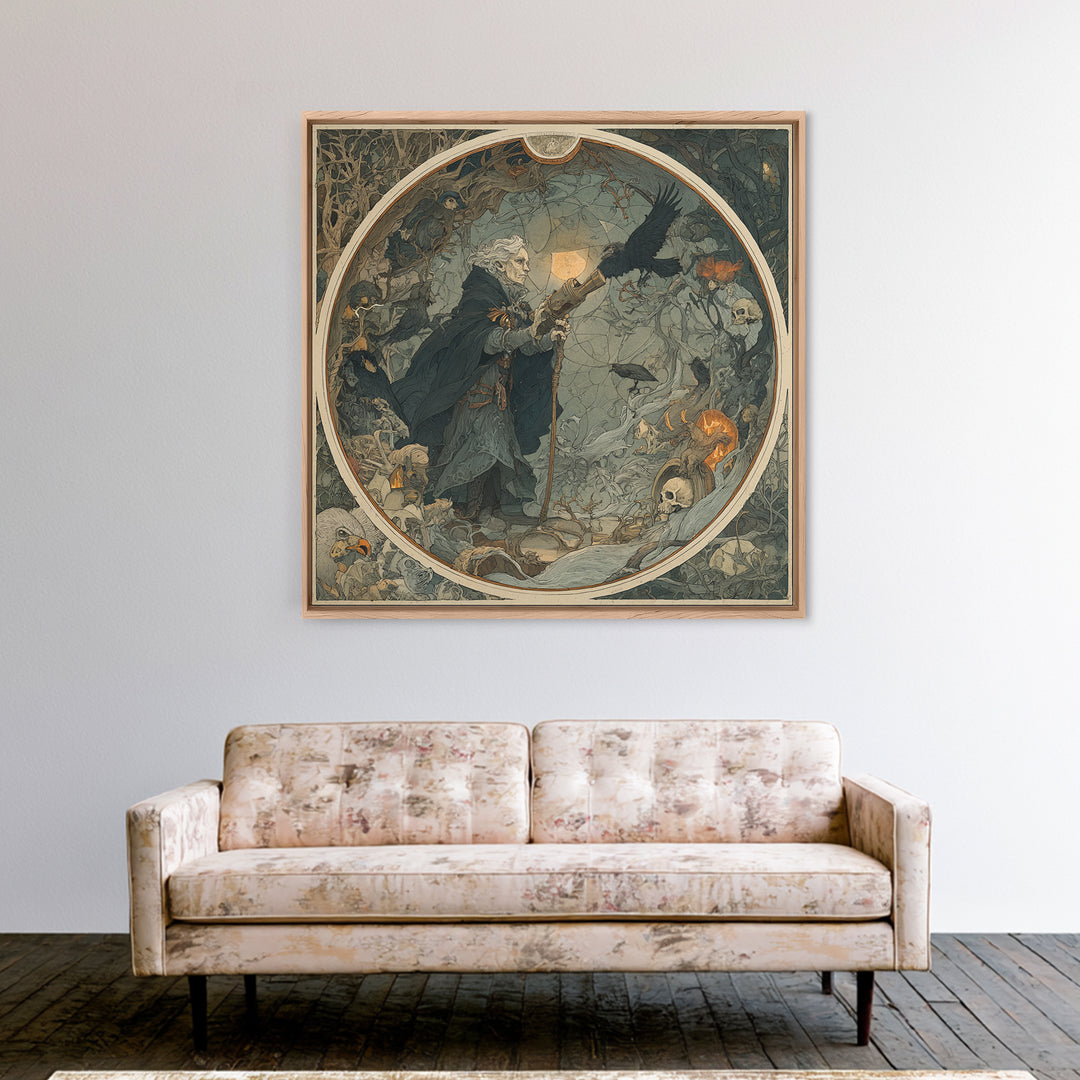 The Skull Astronomer, Gothic Storybook Art, Square Wall Art, Macabre Wall Art, Framed Canvas Print, Halloween Wall Art