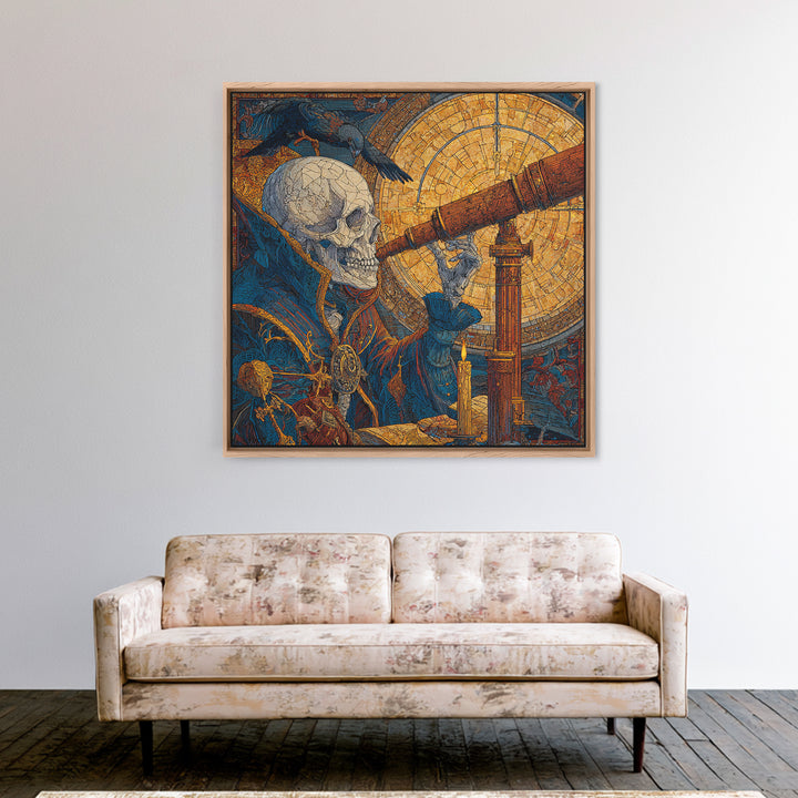 The Skull Astronomer, Stained Glass Gothic Art, Square Wall Art, Dark Halloween Decor, Canvas Print, Halloween Wall Art, Statement Wall Art