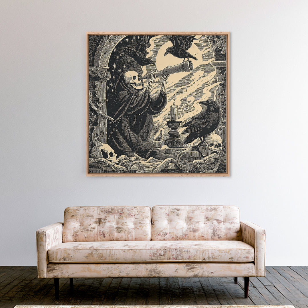 The Skull Astronomer, Macabre Folk Print Art, Square Wall Art, Gothic Horror Wall Art, Framed Canvas Print, Halloween Wall Art