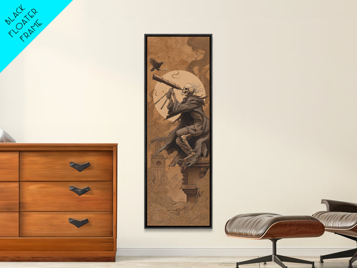 The Skull Astronomer, Surreal Apocalyptic Art, Tall Narrow Wall Art, Dark Halloween Decor, Canvas Print, Halloween Wall Art