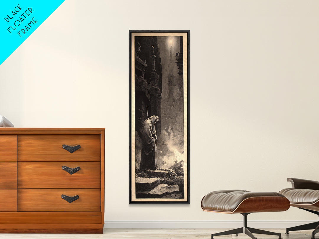 The Cemetery Beekeeper, Gothic Engraving Art, Tall Narrow Wall Art, Dark Fantasy Wall Art, Framed Canvas Print, Halloween Wall Art