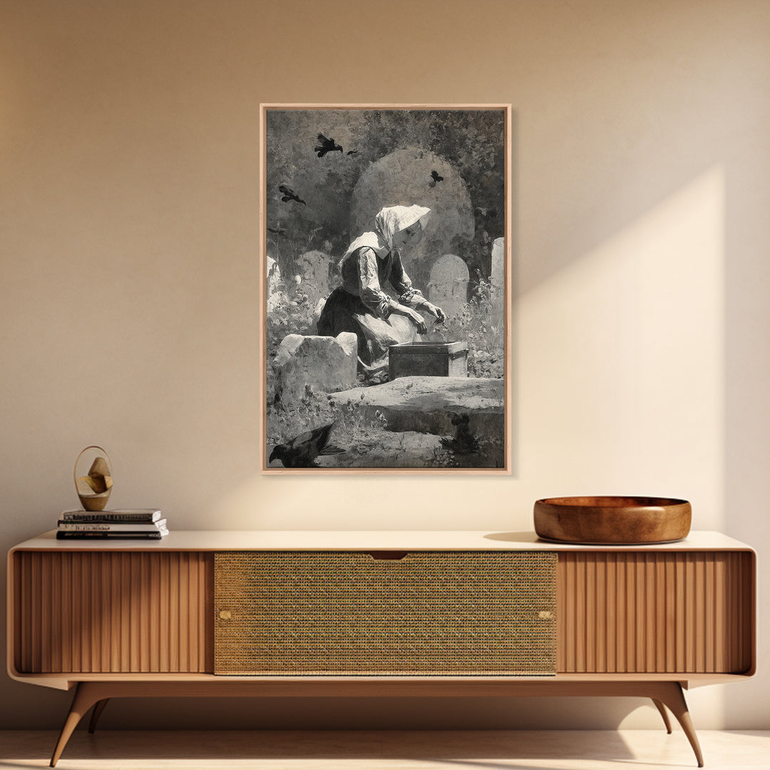 The Cemetery Beekeeper, Symbolist Dream Art, Vertical Wall Art, Macabre Wall Art, Framed Canvas Print, Halloween Wall Art