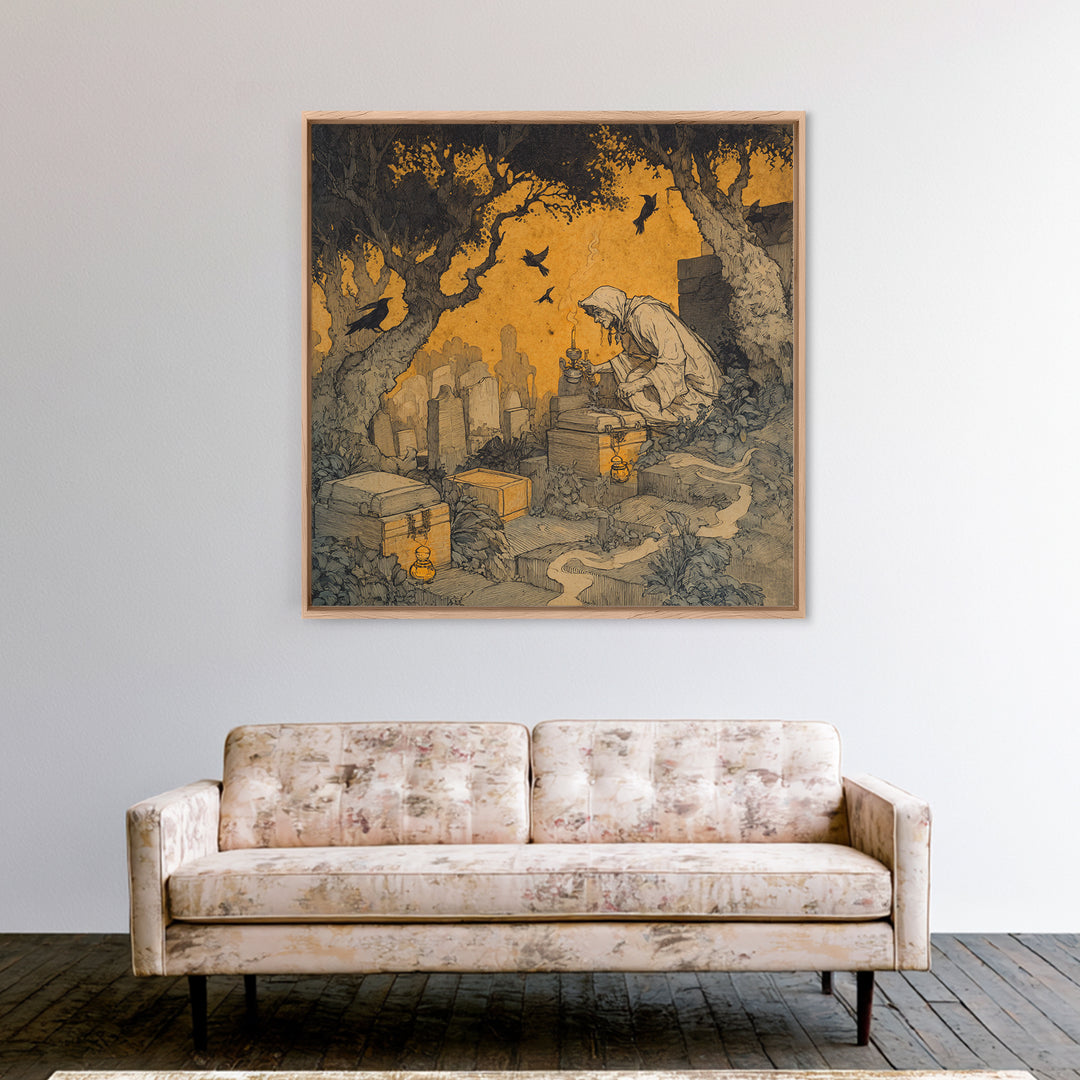 The Cemetery Beekeeper, Gothic Storybook Art, Square Wall Art, Dark Halloween Decor, Canvas Print, Halloween Wall Art