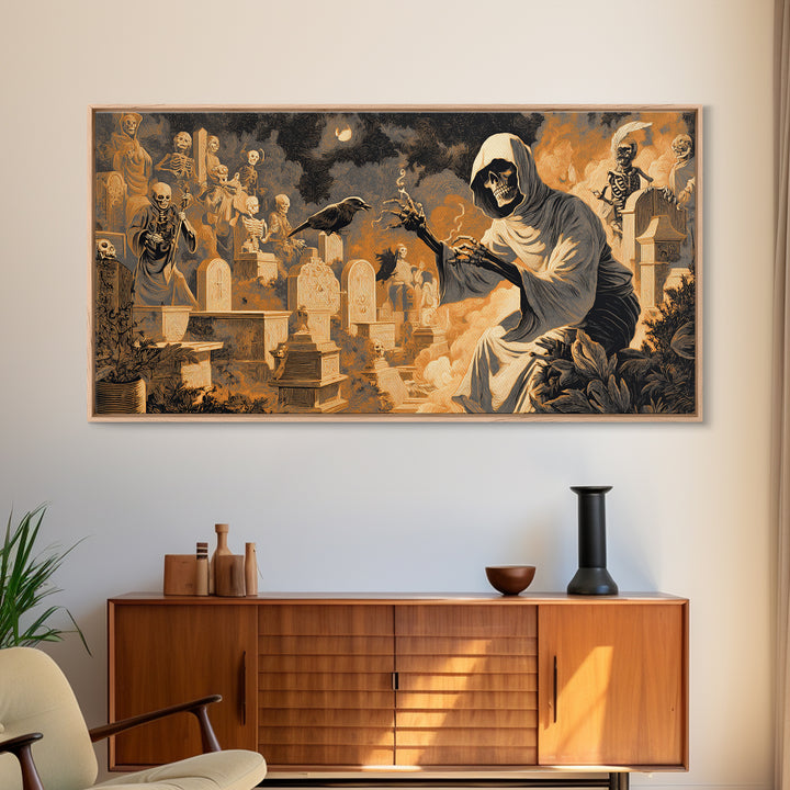 The Cemetery Beekeeper, Macabre Folk Print Art, Wide Panoramic Art, Dark Fantasy Wall Art, Canvas Print, Halloween Wall Art