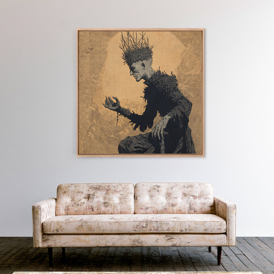 The Thorn-Crowned King, Symbolist Etching Art, Square Wall Art, Dark Halloween Decor, Framed Canvas Print, Halloween Wall Art