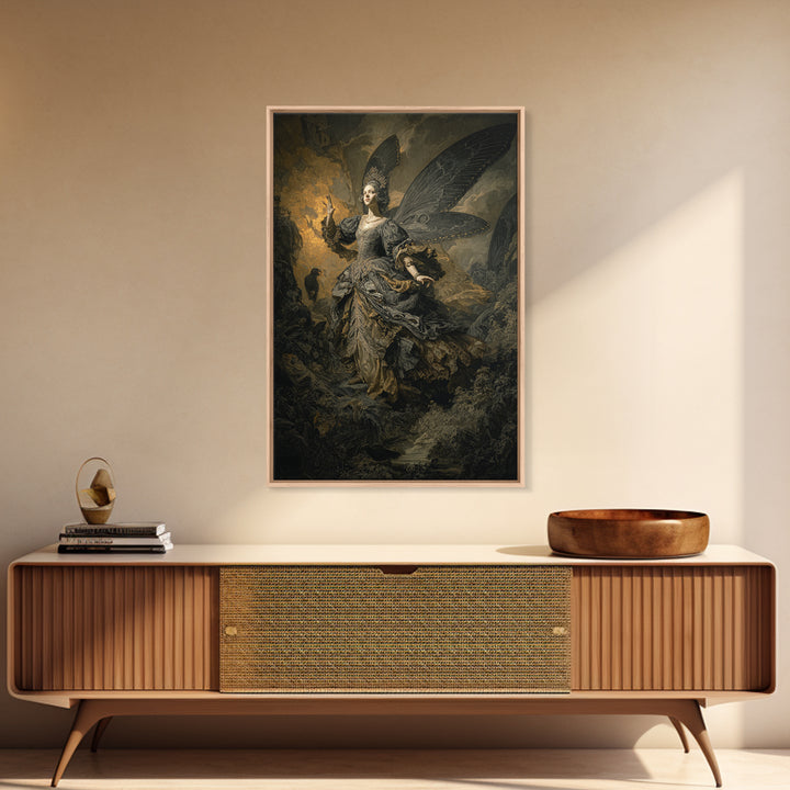 The Moth-Winged Empress, Baroque Witchcraft Art, Vertical Wall Art, Dark Halloween Decor, Framed Canvas Print, Halloween Wall Art