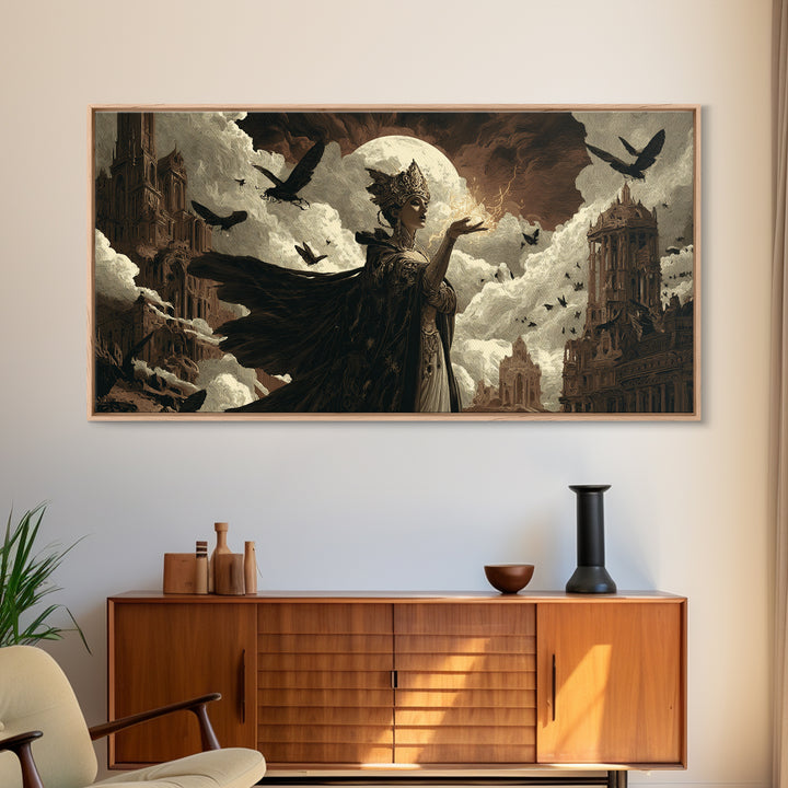 The Moth-Winged Empress, Apocalyptic Romantic Art, Wide Panoramic Art, Dark Fantasy Wall Art, Framed Canvas Print, Halloween Wall Art